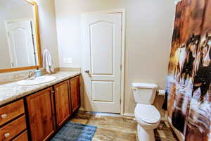 Bathroom featuring hardwood / wood-style floors, vanity, and toilet