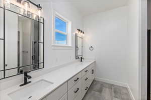 Bathroom with wood-type flooring and vanity