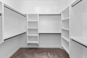 Spacious closet featuring dark colored carpet