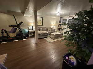 Living room featuring dark wood-type flooring and a textured ceiling