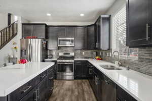 Kitchen featuring dark hardwood / wood-style flooring, sink, backsplash, and appliances with stainless steel finishes