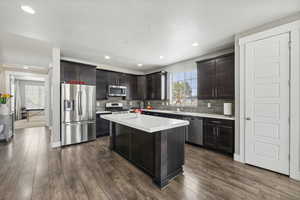 Kitchen featuring dark wood-type flooring, a kitchen island, appliances with stainless steel finishes, and sink