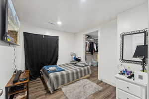 Bedroom featuring a closet, a spacious closet, and wood-type flooring