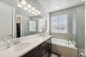 Bathroom featuring vanity, a textured ceiling, and separate shower and tub