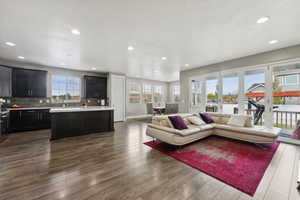 Living room featuring a healthy amount of sunlight, sink, and dark hardwood / wood-style flooring