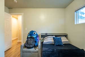 Bedroom with wood-type flooring and a textured ceiling