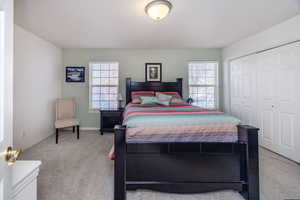 Bedroom with light carpet and a closet