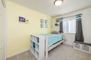 Bedroom with light colored carpet