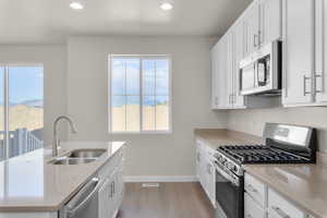 Kitchen featuring white cabinetry, light wood-type flooring, appliances with stainless steel finishes, and sink