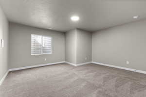 Unfurnished room featuring a textured ceiling and light colored carpet