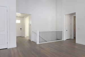 Hallway featuring dark wood-type flooring and a towering ceiling