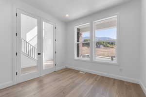 Unfurnished room with a mountain view and light wood-type flooring