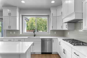 Kitchen with stainless steel appliances, white cabinetry, sink, premium range hood, and dark hardwood / wood-style flooring