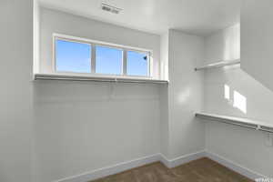 Spacious closet with dark colored carpet