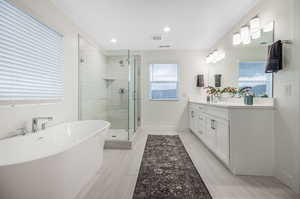 Bathroom featuring vanity and shower with separate bathtub