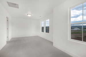 Unfurnished room with a mountain view, a healthy amount of sunlight, and carpet floors