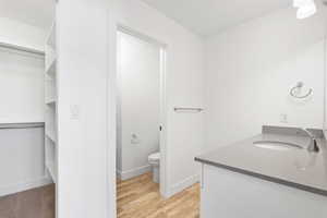 Bathroom with hardwood / wood-style flooring, vanity, and toilet