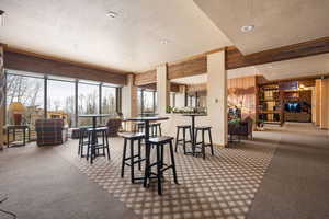 Carpeted dining area with wooden walls and a textured ceiling