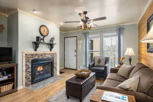 Living room with ceiling fan, wood-type flooring, ornamental molding, and a baseboard heating unit