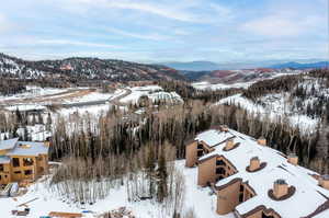 Snowy aerial view featuring a mountain view