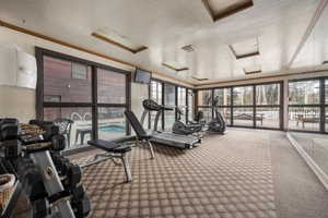 Workout area with carpet, a textured ceiling, and crown molding