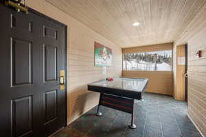 Game room with wooden walls and wood ceiling