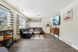 Living room featuring dark hardwood / wood-style flooring