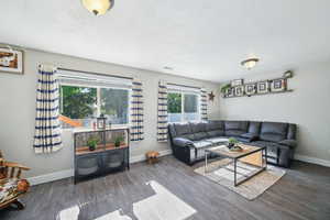 Living room featuring dark hardwood / wood-style flooring