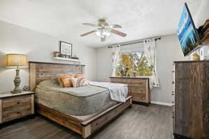 Bedroom with dark hardwood / wood-style flooring and ceiling fan