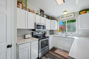 Kitchen with stainless steel appliances, dark hardwood / wood-style floors, and white cabinets