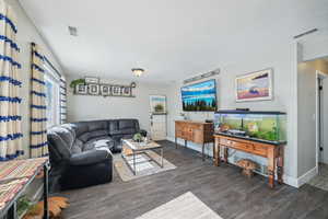 Living room featuring dark wood-type flooring