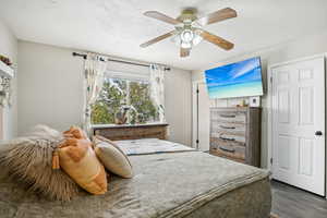 Bedroom featuring ceiling fan and dark hardwood / wood-style floors