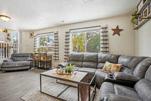 Living room with hardwood / wood-style floors and a healthy amount of sunlight