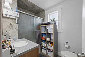 Bathroom featuring vanity, toilet, and an enclosed shower