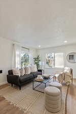 Living room with wood-type flooring, plenty of natural light, and a textured ceiling