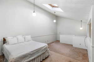 Carpeted bedroom featuring lofted ceiling with skylight