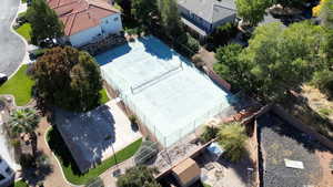 Drone / aerial view of community pickleball court and basketball court