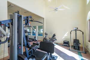 Exercise area featuring carpet flooring, ceiling fan, and a high ceiling