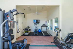 Exercise room with high vaulted ceiling, dark colored carpet, and ceiling fan