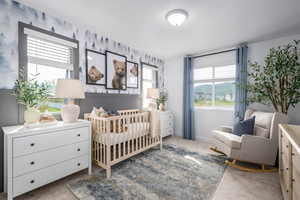 Carpeted bedroom with a crib