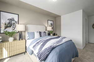 Carpeted bedroom featuring a textured ceiling