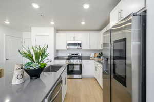 Kitchen with sink, appliances with stainless steel finishes, a textured ceiling, white cabinets, and light wood-type flooring