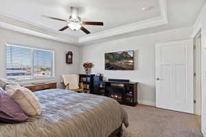 Bedroom with ceiling fan, light carpet, and a tray ceiling