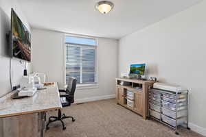 Office space with light colored carpet