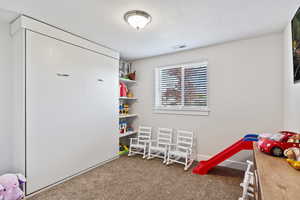 Playroom featuring a textured ceiling and carpet flooring