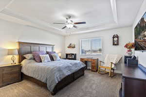 Bedroom featuring light colored carpet, ceiling fan, and a tray ceiling