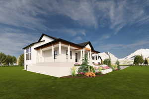 Rear view of property featuring a mountain view, covered porch, and a yard