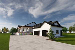 View of front of home featuring covered porch, a front yard, and a garage