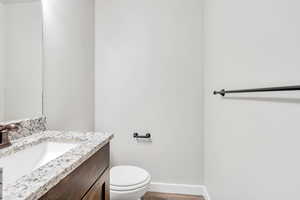 Bathroom featuring toilet, vanity, and wood-type flooring