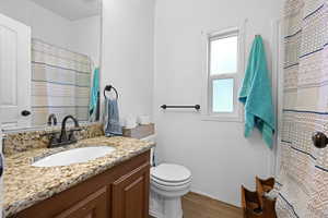 Bathroom with wood-type flooring, toilet, and vanity